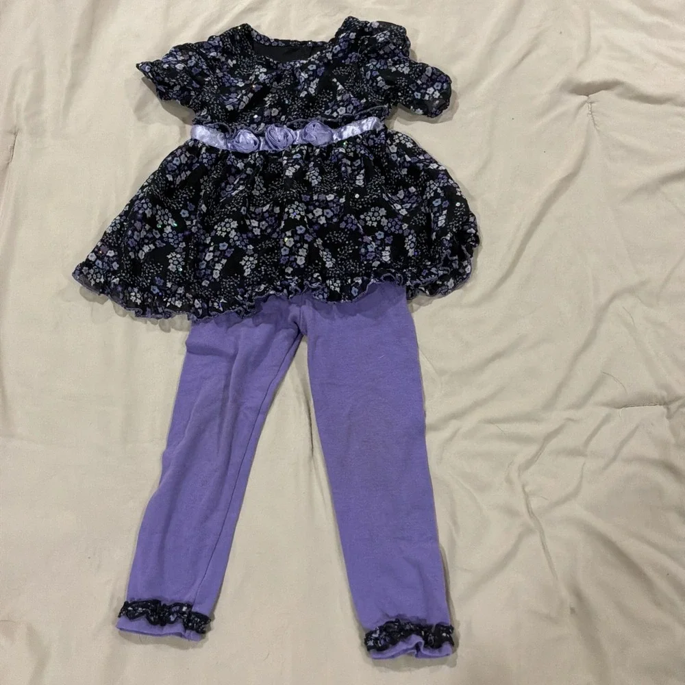 Wonder Kids Two Piece Set Floral Glittery Dress Matching Pants Purple Black 2t